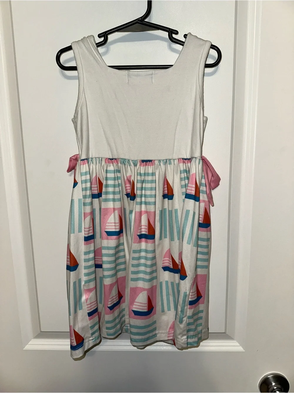 Mini Boden White Sailboat Print Tie-Waist Kids Dress - Pink & Aqua